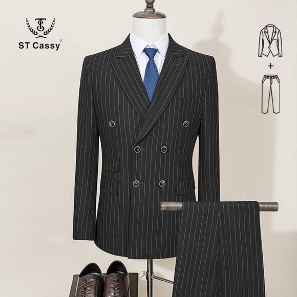 Brand New Men’s Suits in Black with White Pinstripes - Picture 1 of 3